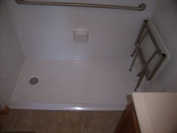 fiberglass curbless shower with seat at Smith Mountain Lake virginia