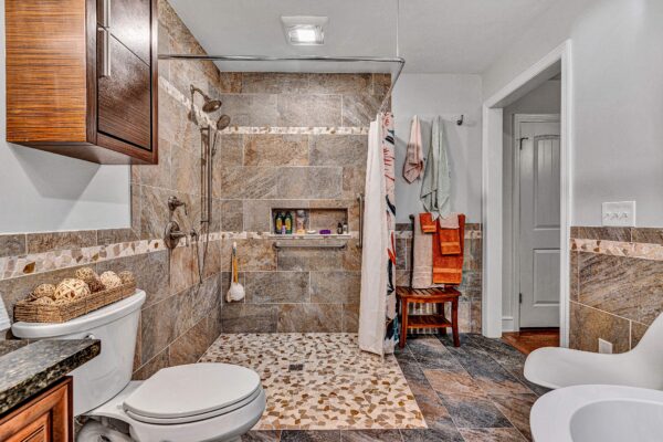 SAH Grant, Veteran, Aging-In-Place, Universal Design, Wheelchair Accessible, Barn Door, Curbless Tile Shower, Comfort Height Commode, Roll-under Vanity, Soaking Tub, Wet Room