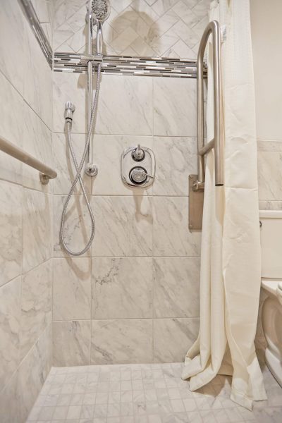 custom tile curbless shower aging in place grabbars wheelchair accessible bathroom floyd virginia