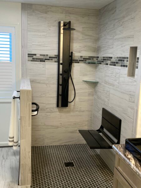 custom tile shower, fold down bench, vessel vanity sinks, glade hill virginia